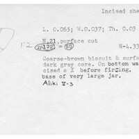 Index card with typed and handwritten information, sometimes including a sketch, of pottery from an excavation.