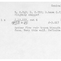 Index card with typed and handwritten information, sometimes including a sketch, of pottery from an excavation.