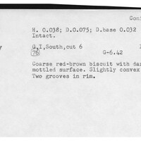 Index card with typed and handwritten information, sometimes including a sketch, of pottery from an excavation.