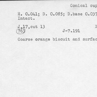 Index card with typed and handwritten information, sometimes including a sketch, of pottery from an excavation.