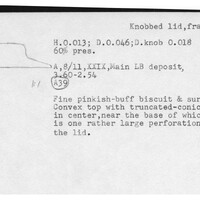 Index card with typed and handwritten information, sometimes including a sketch, of pottery from an excavation.