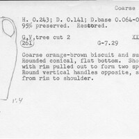 Index card with typed and handwritten information, sometimes including a sketch, of pottery from an excavation.