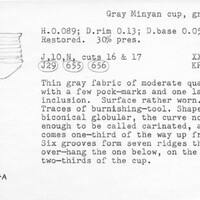 Index card with typed and handwritten information, sometimes including a sketch, of pottery from an excavation.