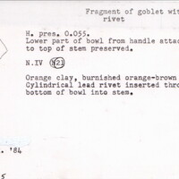 Index card with typed and handwritten information, sometimes including a sketch, of pottery from an excavation.