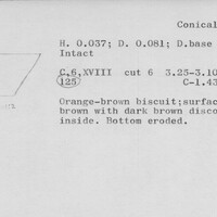 Index card with typed and handwritten information, sometimes including a sketch, of pottery from an excavation.