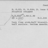 Index card with typed and handwritten information, sometimes including a sketch, of pottery from an excavation.