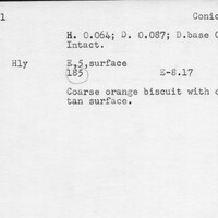 Index card with typed and handwritten information, sometimes including a sketch, of pottery from an excavation.