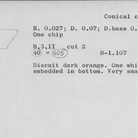 Index card with typed and handwritten information, sometimes including a sketch, of pottery from an excavation.