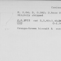 Index card with typed and handwritten information, sometimes including a sketch, of pottery from an excavation.