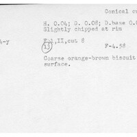 Index card with typed and handwritten information, sometimes including a sketch, of pottery from an excavation.