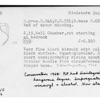 Index card with typed and handwritten information, sometimes including a sketch, of pottery from an excavation.
