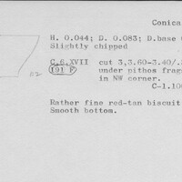 Index card with typed and handwritten information, sometimes including a sketch, of pottery from an excavation.
