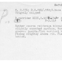 Index card with typed and handwritten information, sometimes including a sketch, of pottery from an excavation.