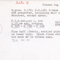 Index card with typed and handwritten information, sometimes including a sketch, of pottery from an excavation.
