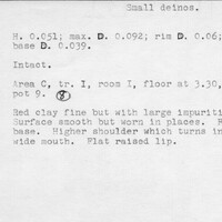 Index card with typed and handwritten information, sometimes including a sketch, of pottery from an excavation.