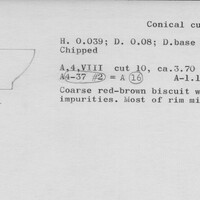 Index card with typed and handwritten information, sometimes including a sketch, of pottery from an excavation.