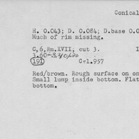 Index card with typed and handwritten information, sometimes including a sketch, of pottery from an excavation.