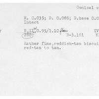 Index card with typed and handwritten information, sometimes including a sketch, of pottery from an excavation.