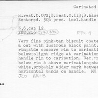 Index card with typed and handwritten information, sometimes including a sketch, of pottery from an excavation.