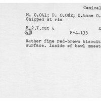 Index card with typed and handwritten information, sometimes including a sketch, of pottery from an excavation.