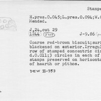 Index card with typed and handwritten information, sometimes including a sketch, of pottery from an excavation.