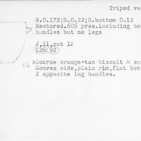 Index card with typed and handwritten information, sometimes including a sketch, of pottery from an excavation.