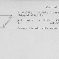 Index card with typed and handwritten information, sometimes including a sketch, of pottery from an excavation.