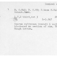 Index card with typed and handwritten information, sometimes including a sketch, of pottery from an excavation.