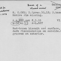 Index card with typed and handwritten information, sometimes including a sketch, of pottery from an excavation.