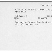 Index card with typed and handwritten information, sometimes including a sketch, of pottery from an excavation.