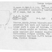 Index card with typed and handwritten information, sometimes including a sketch, of pottery from an excavation.