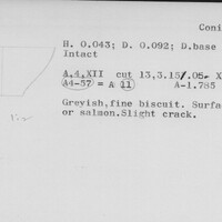 Index card with typed and handwritten information, sometimes including a sketch, of pottery from an excavation.