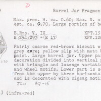 Index card with typed and handwritten information, sometimes including a sketch, of pottery from an excavation.