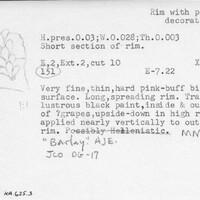 Index card with typed and handwritten information, sometimes including a sketch, of pottery from an excavation.