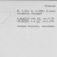 Index card with typed and handwritten information, sometimes including a sketch, of pottery from an excavation.