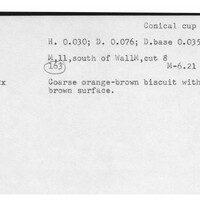Index card with typed and handwritten information, sometimes including a sketch, of pottery from an excavation.