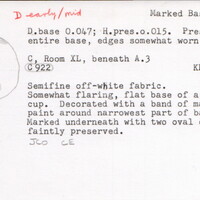 Index card with typed and handwritten information, sometimes including a sketch, of pottery from an excavation.