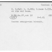 Index card with typed and handwritten information, sometimes including a sketch, of pottery from an excavation.