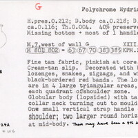 Index card with typed and handwritten information, sometimes including a sketch, of pottery from an excavation.