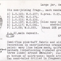 Index card with typed and handwritten information, sometimes including a sketch, of pottery from an excavation.