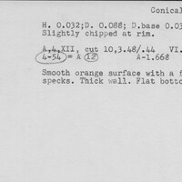 Index card with typed and handwritten information, sometimes including a sketch, of pottery from an excavation.