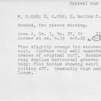 Index card with typed and handwritten information, sometimes including a sketch, of pottery from an excavation.