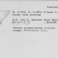 Index card with typed and handwritten information, sometimes including a sketch, of pottery from an excavation.