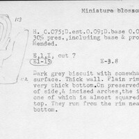 Index card with typed and handwritten information, sometimes including a sketch, of pottery from an excavation.