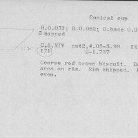 Index card with typed and handwritten information, sometimes including a sketch, of pottery from an excavation.