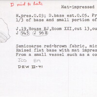 Index card with typed and handwritten information, sometimes including a sketch, of pottery from an excavation.