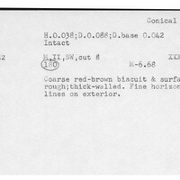 Index card with typed and handwritten information, sometimes including a sketch, of pottery from an excavation.