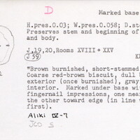Index card with typed and handwritten information, sometimes including a sketch, of pottery from an excavation.