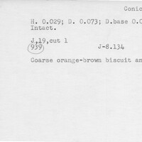 Index card with typed and handwritten information, sometimes including a sketch, of pottery from an excavation.