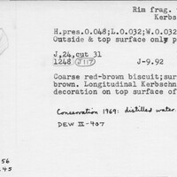 Index card with typed and handwritten information, sometimes including a sketch, of pottery from an excavation.